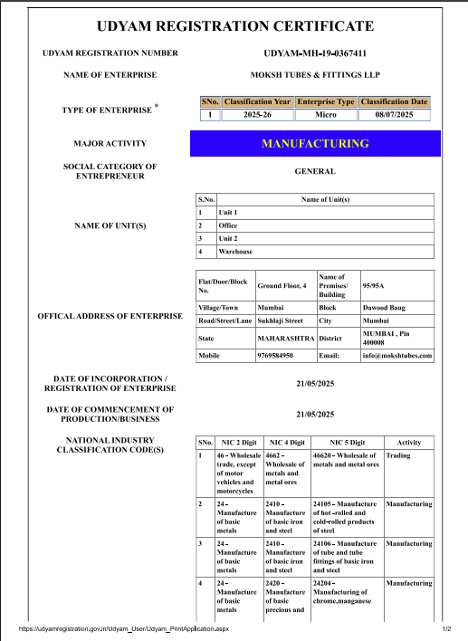 UDYAM MSME Registration Certificate